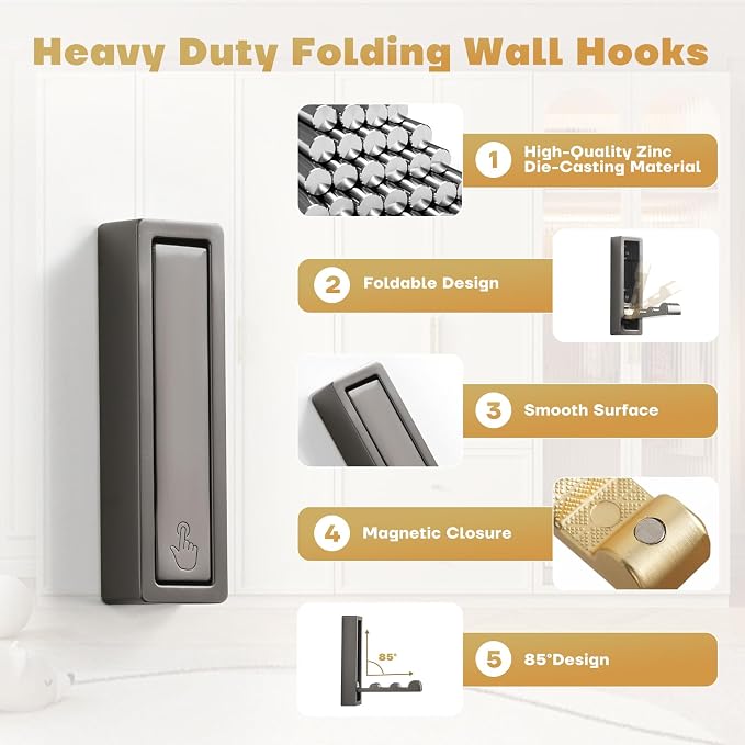 Folding Wall Hook, Heavy Duty Zinc Alloy No Rust Fold Up Hooks - Image 3