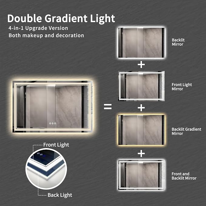 LED Mirror, 55x36 Inch Gradient Front and Backlit Lighted Bathroom Mirror - Image 4