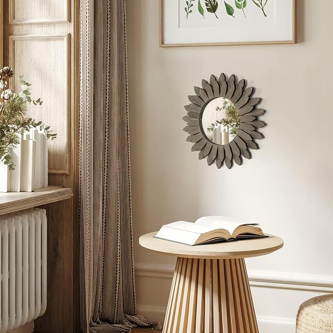 Honiway Farmhouse Wall Decor Mirror 12 inch Sunburst Boho Wood Mirror Rustic - Image 3