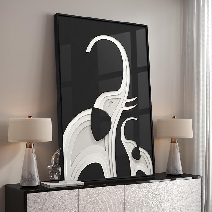 Large Framed Modern Black and White Wall Art, Contemporary Animal Elephant - Image 2