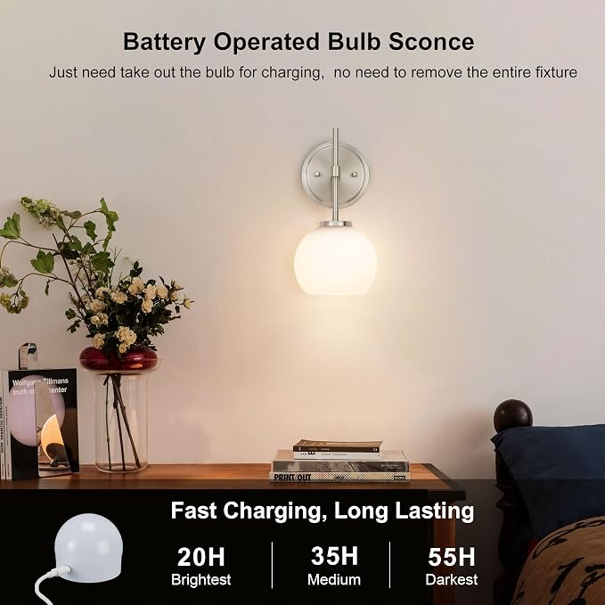 Brushed Nickel Battery Operated Wall Sconce Set of 2, Wireless Rechargeable - Image 3