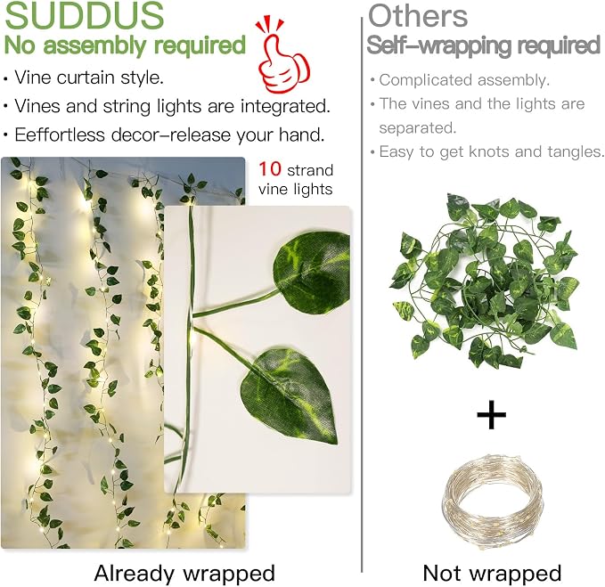 suddus Vines with Lights for Bedroom, 150 LED Fairy Lights with Vines, Pothos - Image 5