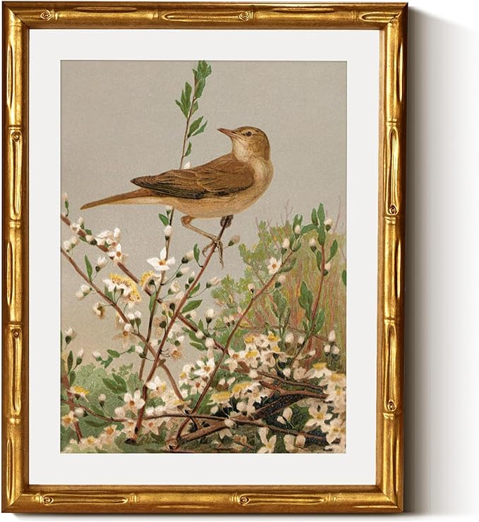 InSimSea Gold Bamboo Framed Canvas Wall Art, Spring Bird on Branch Paintings by InSimSeaArt