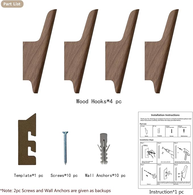 Wood Wall Hooks 4 Pack Coat Hooks Wall Mount Walnut Wooden Hooks - Image 9