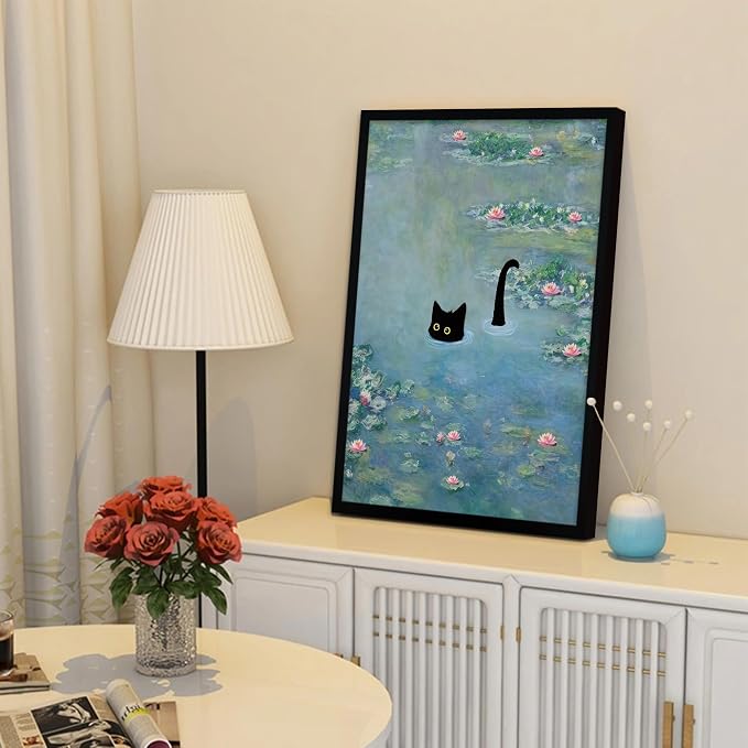 Fantasy Artists Monet Water Lilies Cat Wall Art, Framed Vintage Canvas Art Wall - Image 4