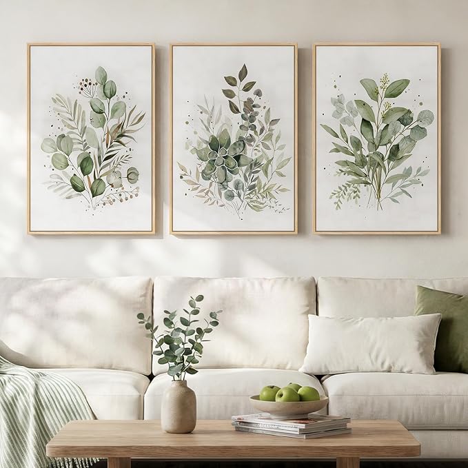 Framed Botanical Wall Art for Living Room, 3 Piece Neutral Sage Green by Cuspin