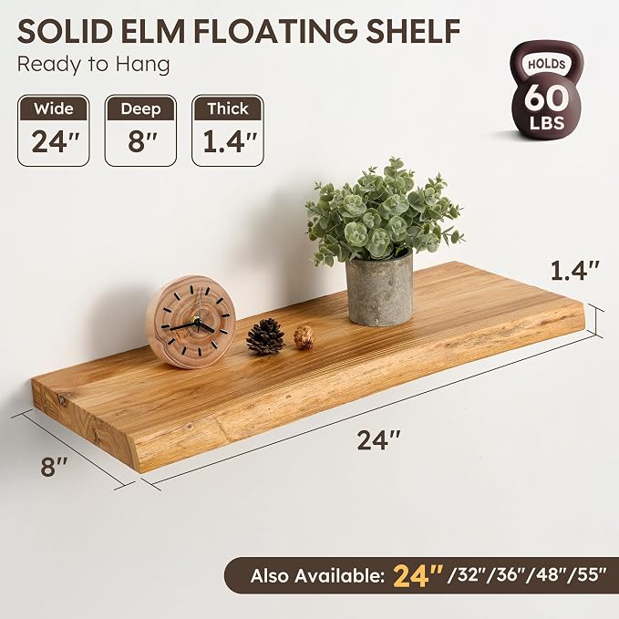 Floating Shelves Set of 2, Solid Elm Wood Wall Shelves 24 Inch - Image 3