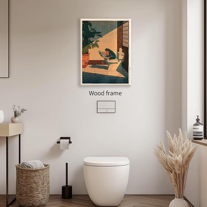 Vintage Japanese Framed Wall Art Funny Frog Bathroom Canvas Print Cute Japanese - Image 4