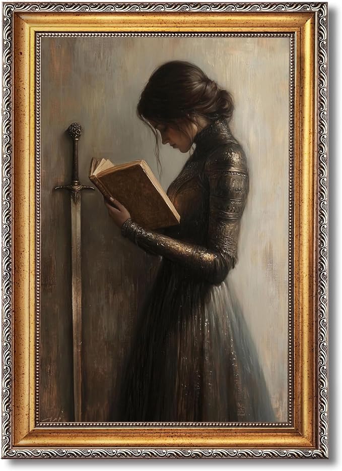 Retro Gold Framed Victorian Woman Knight Reading Book Wall Art Medieval Warrior - Image 8