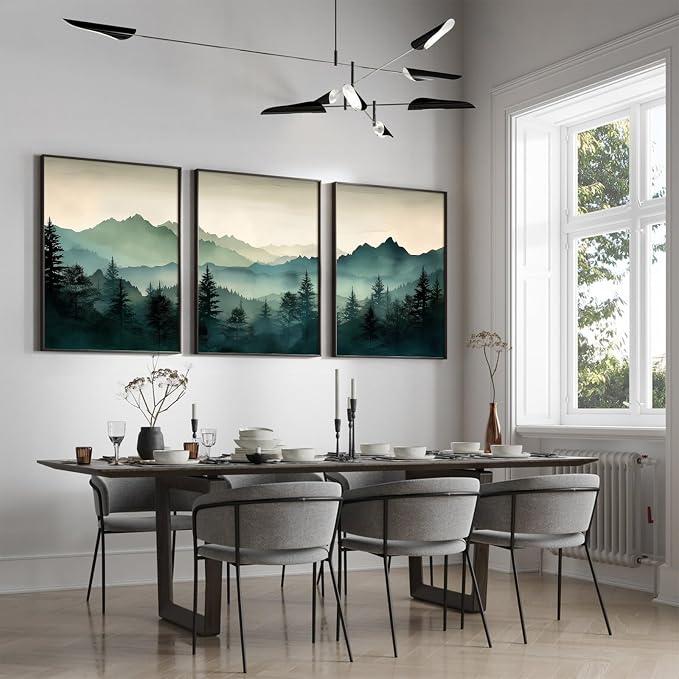 Mountain Wall Art Decor Set of 3 Sage Green Forest Canvas Wall Art Prints - Image 3