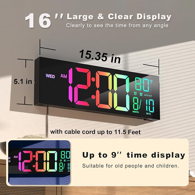 JALL 16.02'' Large Digital Wall Clock, Big LED Number Dispaly, RGB Colors - Image 2