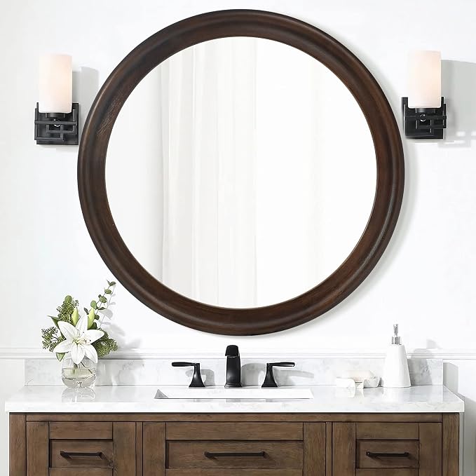 CULER Round Wall Mirrors 30 Inch, Wood Rustic Decorative Transitional Mirror - Image 9