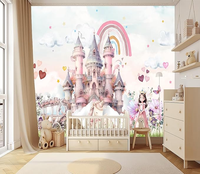 XMPMBM-Pink Cartoon Citadel Nursery Room Fabric Wallpaper Girls Bedroom Wall - Image 2