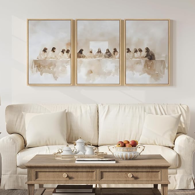 Framed Christian Wall Art Set of 3, The Last Supper Canvas Prints, Neutral - Image 2