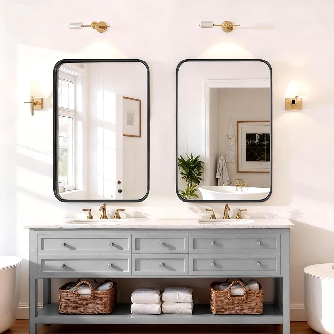 Bathroom Mirror 30x22 Inch Black Metal Frame Rectangle Vanity Mirror - Image 4