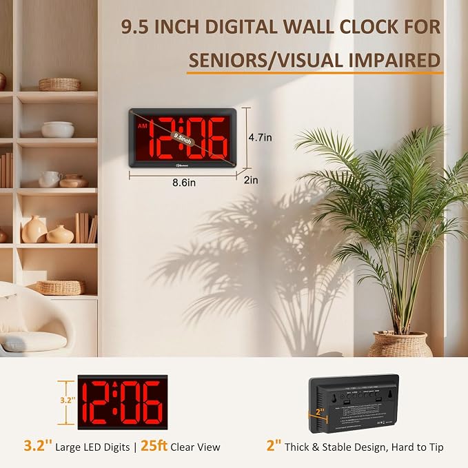 Soobest 9.5 Inch Large Digital Wall Clock Battery Operated, Auto & Manual - Image 3
