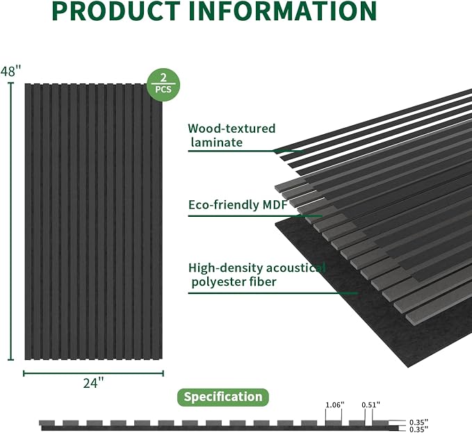 Wood Slat Acoustic Panels, 2 Pack 48" x 24" Wood Wall Panels, Soundproof Wood - Image 3