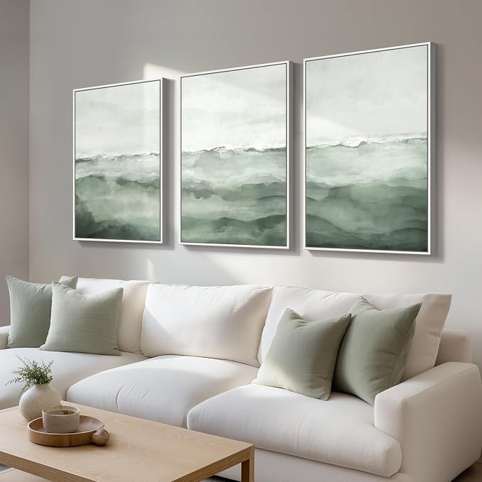 Large Framed Sage Green Abstract Landscape Wall Art - Image 2