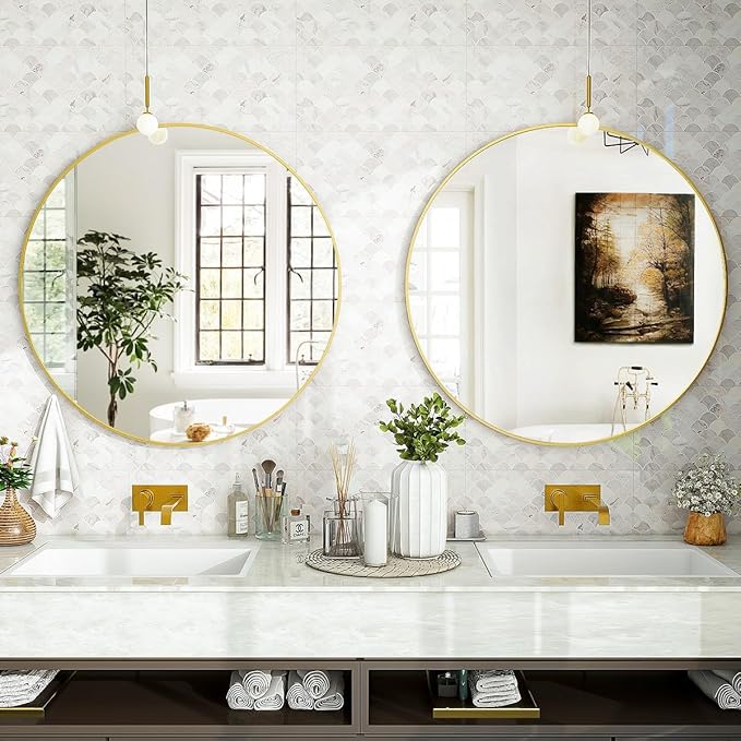 VooBang Gold Round Bathroom Mirror, 24 inch Circle Wall Mounted Hanging Mirror - Image 5