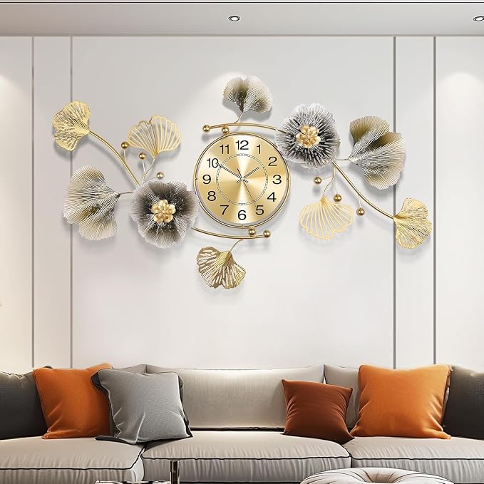 Wall Clocks for Living Room Decor, Large Wall Clock, 3D Creative Metal Ginkgo by Axioglo