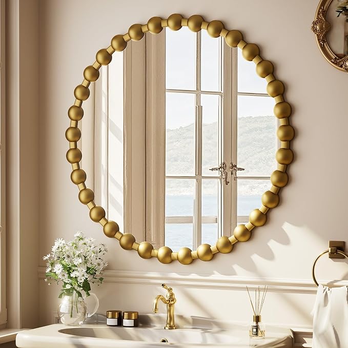 Easly Round Mirror for Wall, 28 Inch Gold Beaded Frame Decorative Vanity Mirror - Image 2