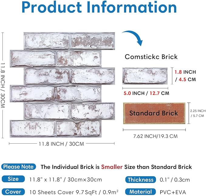 COMSTICKC 3D Faux Brick Wall Panel Peel and Stick, Not Real Brick, Small Size - Image 4