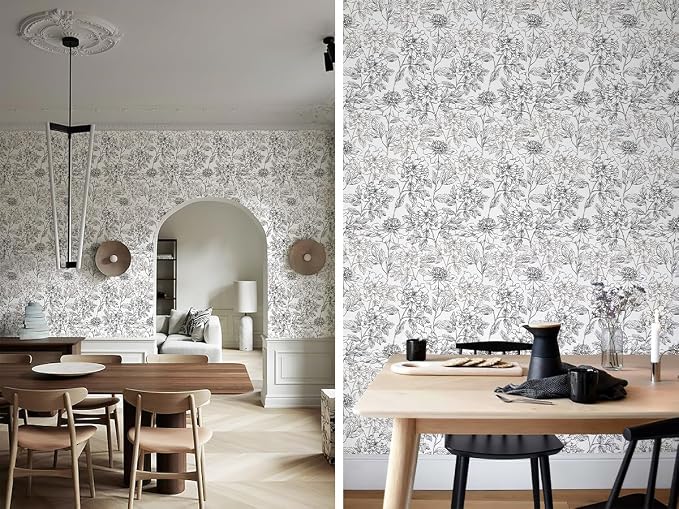 JiffDiff Floral Wallpaper Black & White Peel and Stick Vintage Peony Wall Paper - Image 7