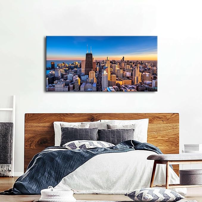 AIYISU Chicago Skyline Wall Art Chicago City Wall Decor Night Cityscape Canvas - Image 5