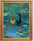 Fantasy Artists Gold Framed Wall Art Prints, Two Swimming Cats in Lotus Pond by Unknown
