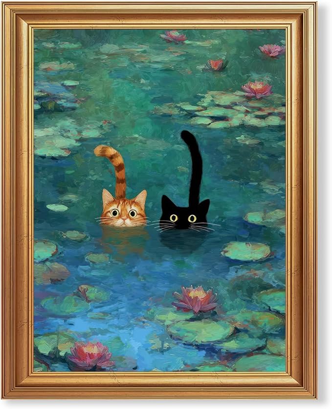 Fantasy Artists Gold Framed Wall Art Prints, Two Swimming Cats in Lotus Pond by Unknown