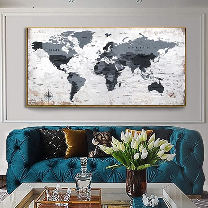 Framed wall art World Map Wall Art Canvas Picture 30inchx60inch Large Black and - Image 3
