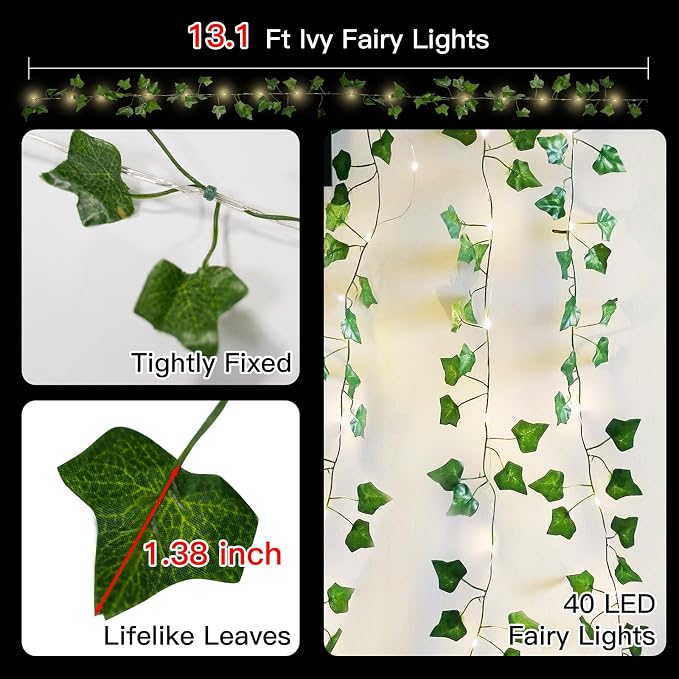 suddus Vine with Fairy Lights Battery Operated, 13.1ft 40 LED Ivy String Light - Image 6