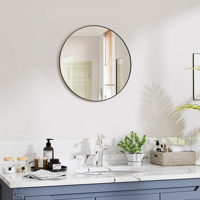 VooBang Black Round Bathroom Mirror, 20 inch Circle Wall Mounted Hanging Mirror - Image 2
