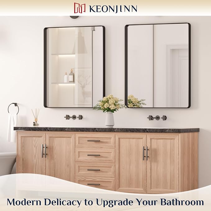 Keonjinn Black Bathroom Mirror, 30 x 36 Inch Rounded Rectangle Sandblasted - Image 2