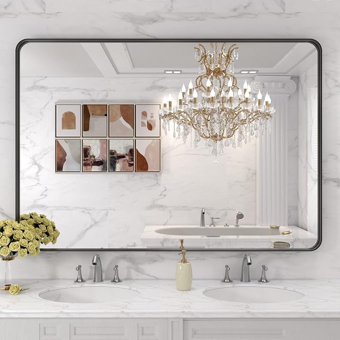 LOAAO 48X32 Inch Black Metal Framed Bathroom Mirror - Image 7