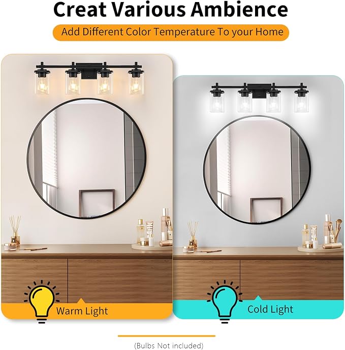 4-Lights Matte Black Bathroom Light Fixture, Modern Black Vanity Lights Over - Image 5