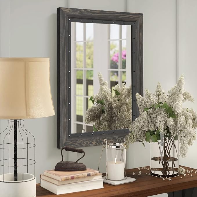 YOSHOOT Rustic Wooden Framed Wall Mirror, Natural Wood and Iron Bathroom Vanity - Image 6