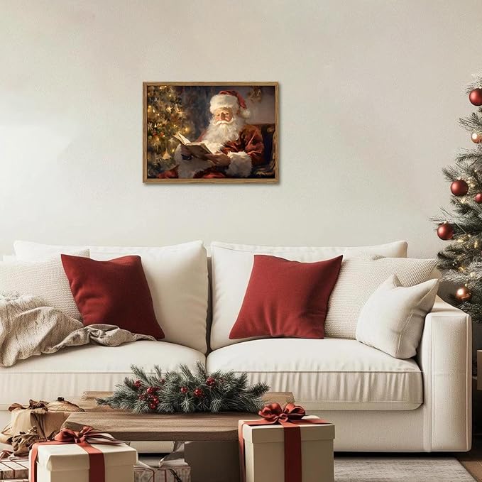 Framed Vintage Christmas Canvas Wall Art, Santa Claus Reading Book Paintings - Image 8