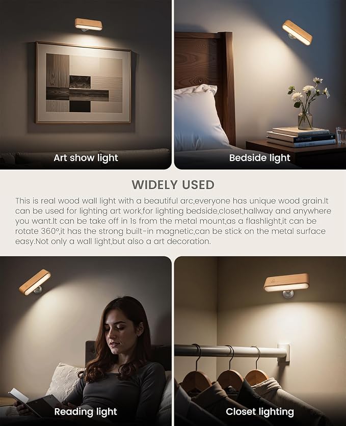 Wood Battery Operated Wall Sconces Set of Two, Magnetic Mini Wall Lights - Image 5