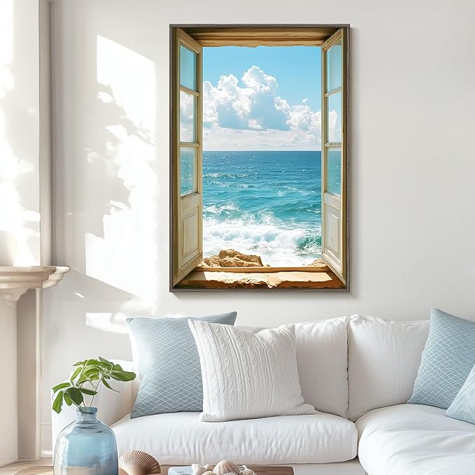 Framed Window Beach Scene Wall Art, Summer Seascape Wave Artworks - Image 2