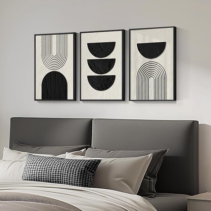 Framed Boho Black and White Abstract Wall Art, 3 Piece Modern Beige Canvas - Image 2