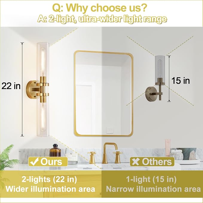 Wall Sconces Set of Two, Hardwired Brushed Gold Bathroom Sconces Wall Lighting - Image 3
