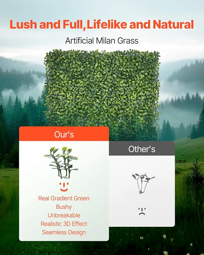 VEVOR Artificial Grass Wall Panels, 40 x 120 inch, Milan Grass Greenery Boxwood - Image 2