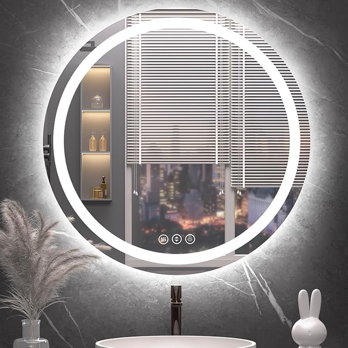 Round LED Bathroom Mirror with Lights, Backlit & Front Lighted, Wall-Mounted by Lmsedf