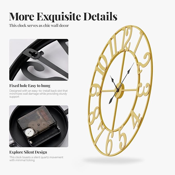 Cuspin 40 Inch Extra Large Wall Clock Gold, Battery Operated Wall Clock Silent - Image 5