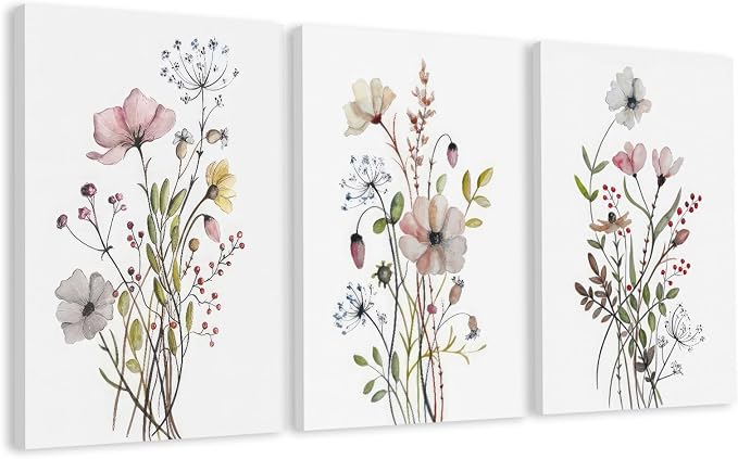 WRFON UnFramed Botanical Canvas Wall Art Set of 3, Watercolor Floral Prints by Unknown