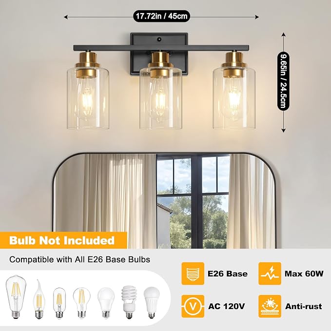 Unicozin 3 Light Bathroom Light Fixtures, Modern Vanity Lights Over Mirror - Image 3
