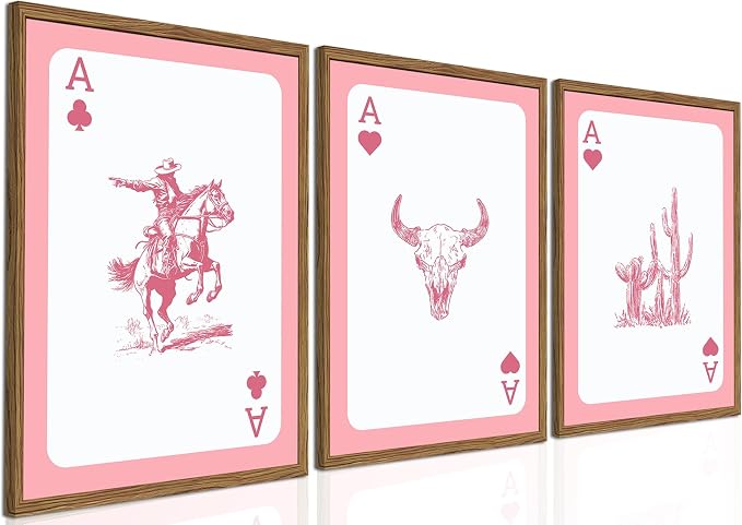 Set of 3 Western Cowgirl Wall Art Pink Bull Skull Wall Decor Painting by TransformYourWallsElevateYourStyle