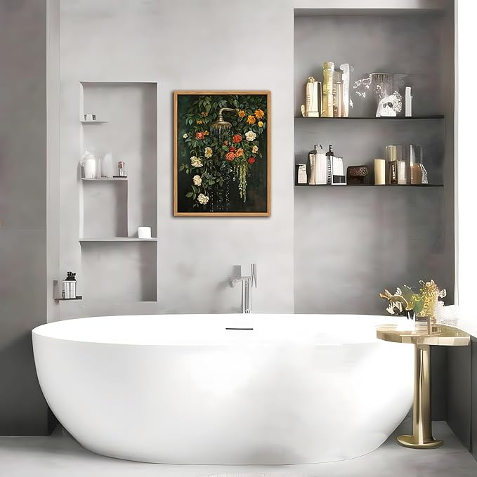 Floating Framed Floral Shower Wall Art, Vintage Botanical Flower Canvas Print - Image 5