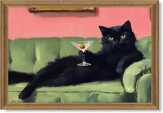 Fantasy Artists Humorous Black Cat Character Wall Art – Relaxed Anthropomorphic by Unknown